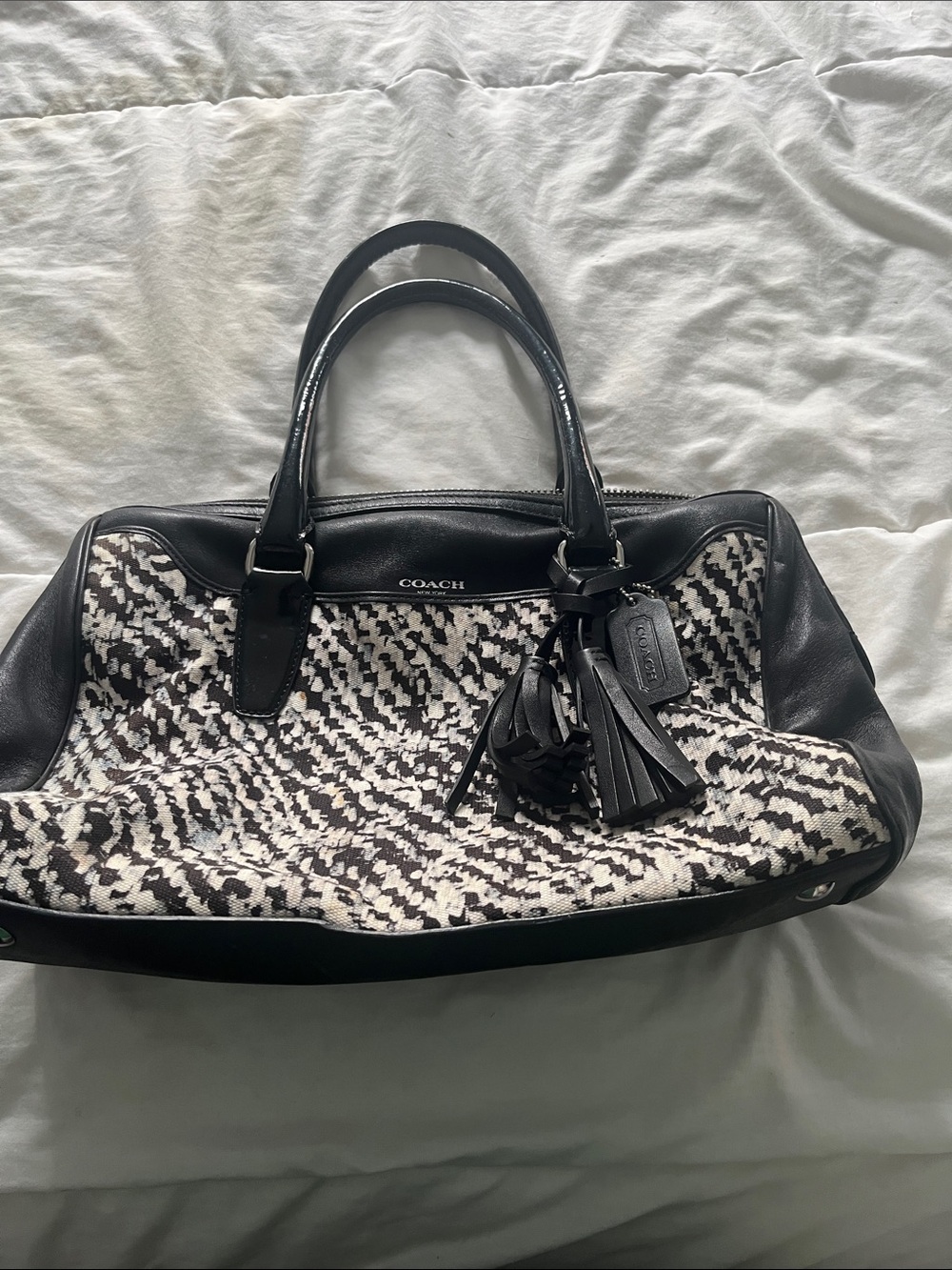 Coach Black and White Herringbone Leather Trim Satchel